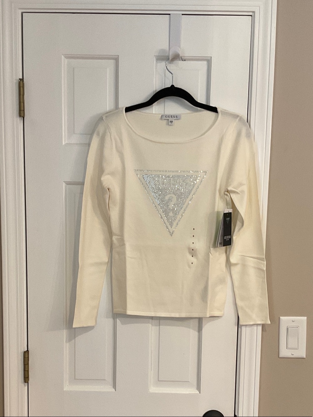 Guess Cream Long-Sleeve Sequin Triangle Logo Sweatshirt